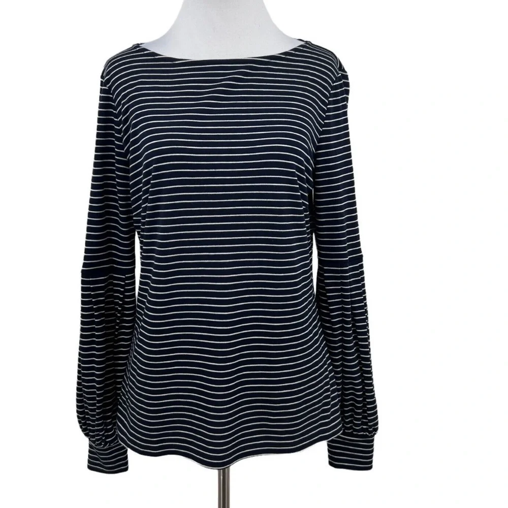 Ann Taylor Striped Navy Blue and White Ballon Sleeve Long Sleeve Top - Picture 1 of 6